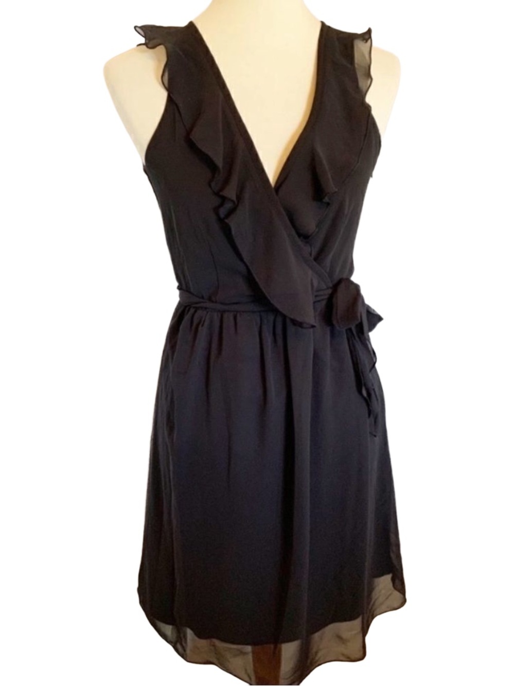Y2K Johnny Martin Black Ruffle Wrap Dress V-Neck Open Back LBD Chiffon Size 7